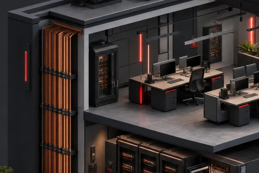 Steigetrasse aus gebündelten Kupferleitungen an der Außenwand, daneben ein Verteilerschrank, der das Bürogeschoss und das Technikgeschoss darunter versorgt