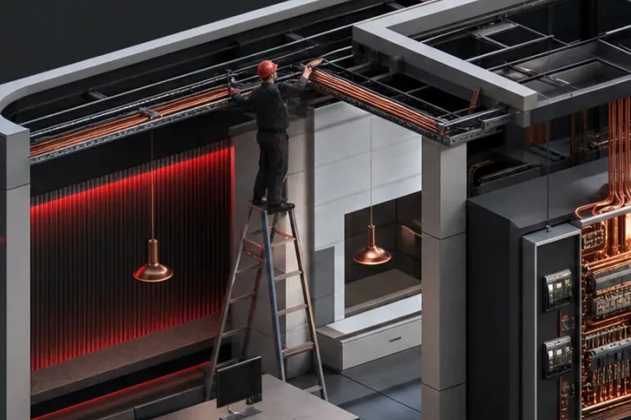 Isometrisches Modell eines Monteurs, der eine Wallbox an der Garagenwand montiert und die Zuleitung aus dem Haus verlegt