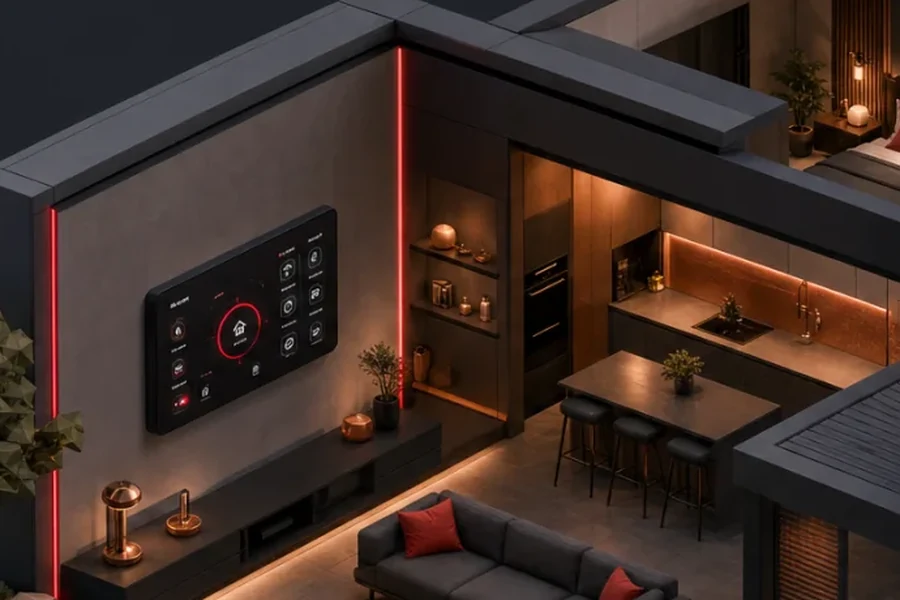 Isometrisches Modell eines Wohnraums mit smartem Raumthermostat an der Wand und Funk-Thermostat am Heizkörper